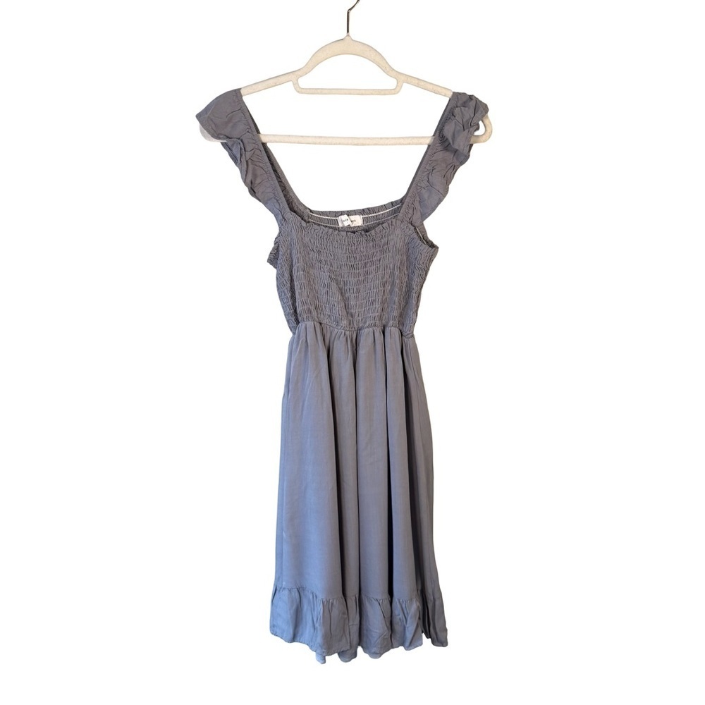 Olivia + James Gray Blue Smoked Ruffle Mini Dress Size M Feminine Summer Flowy - Picture 2 of 11